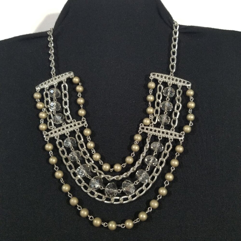 Sparkly Choker Necklace 5 Strands of Crystals, Beads and Silver Chains